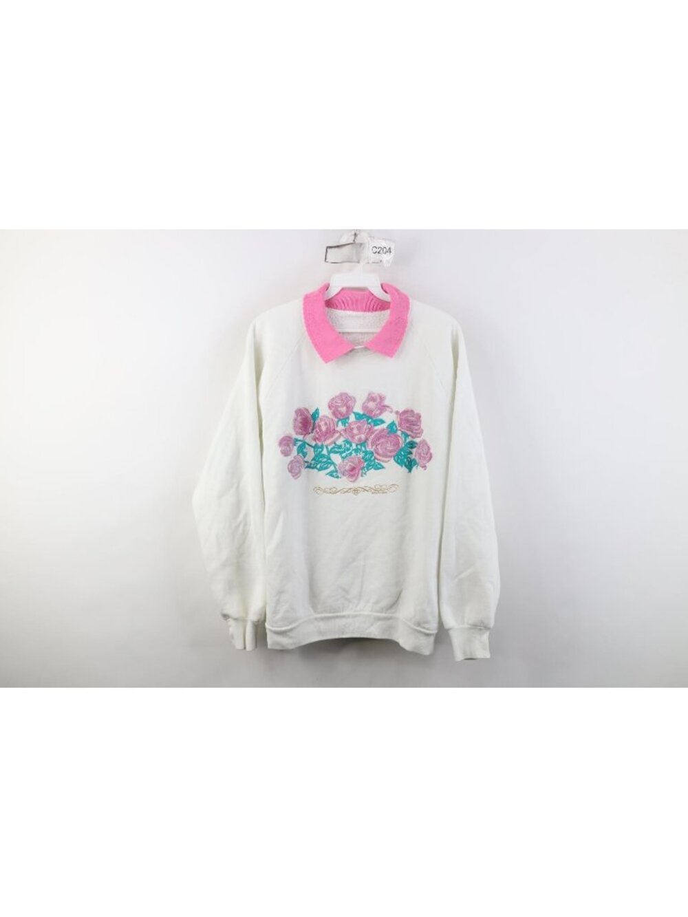 Vintage 90s Streetwear Womens Large Grandma Flower Collared Sweatshirt White